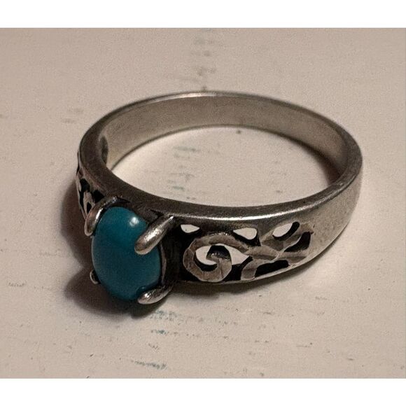 Genuine Turquoise Sterling Silver Ring (W.H. 925) – Filigree Scroll Band – Size - Picture 2 of 12